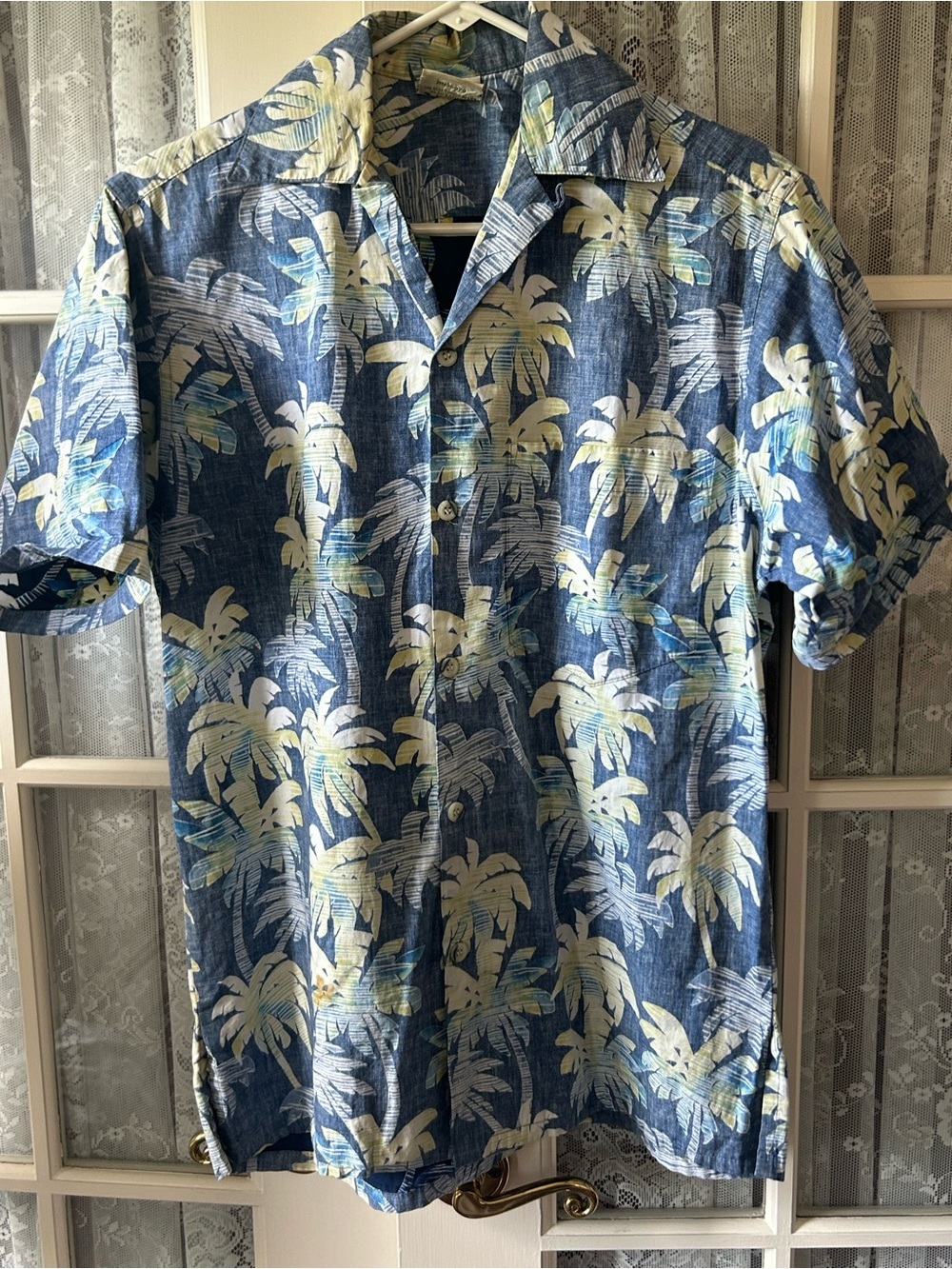 Go Barefoot Tropical Blue Palm Print Short-Sleeve Button-Down Shirt Sz XS
